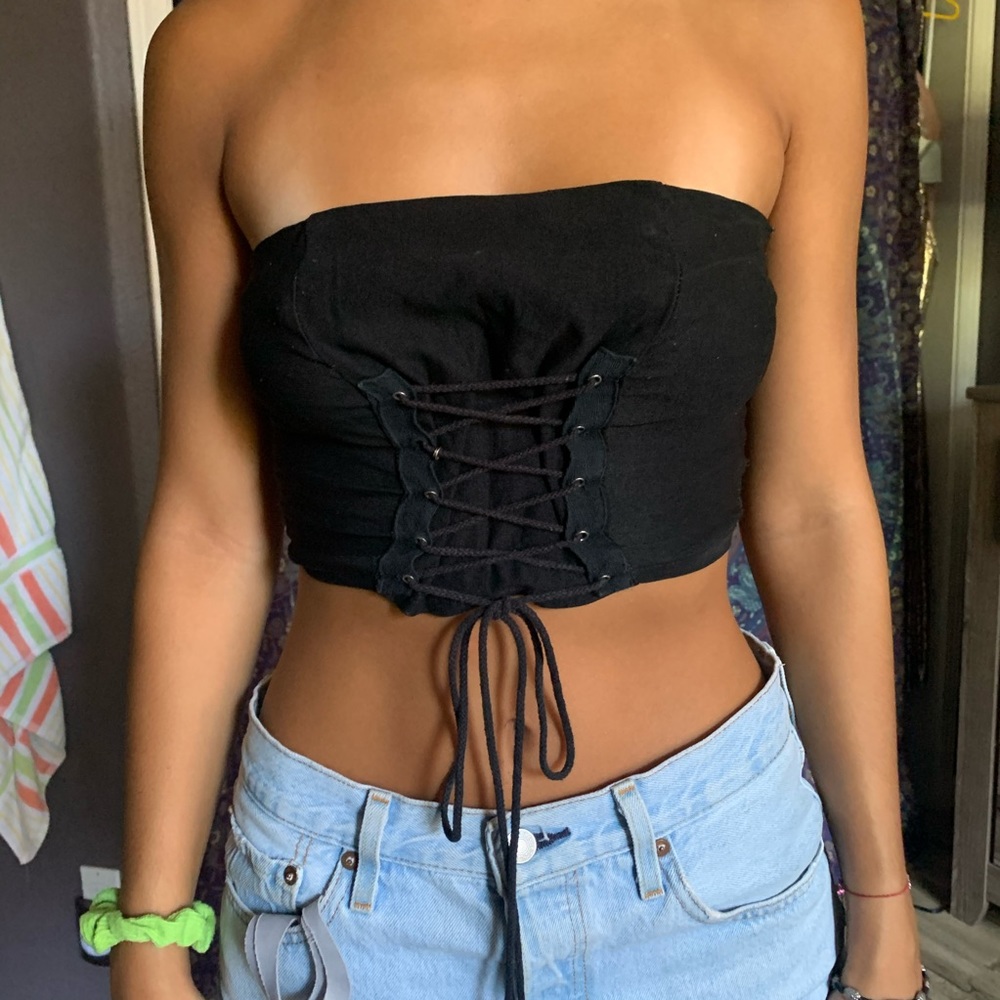 Black Lace Up Crop Tube Top